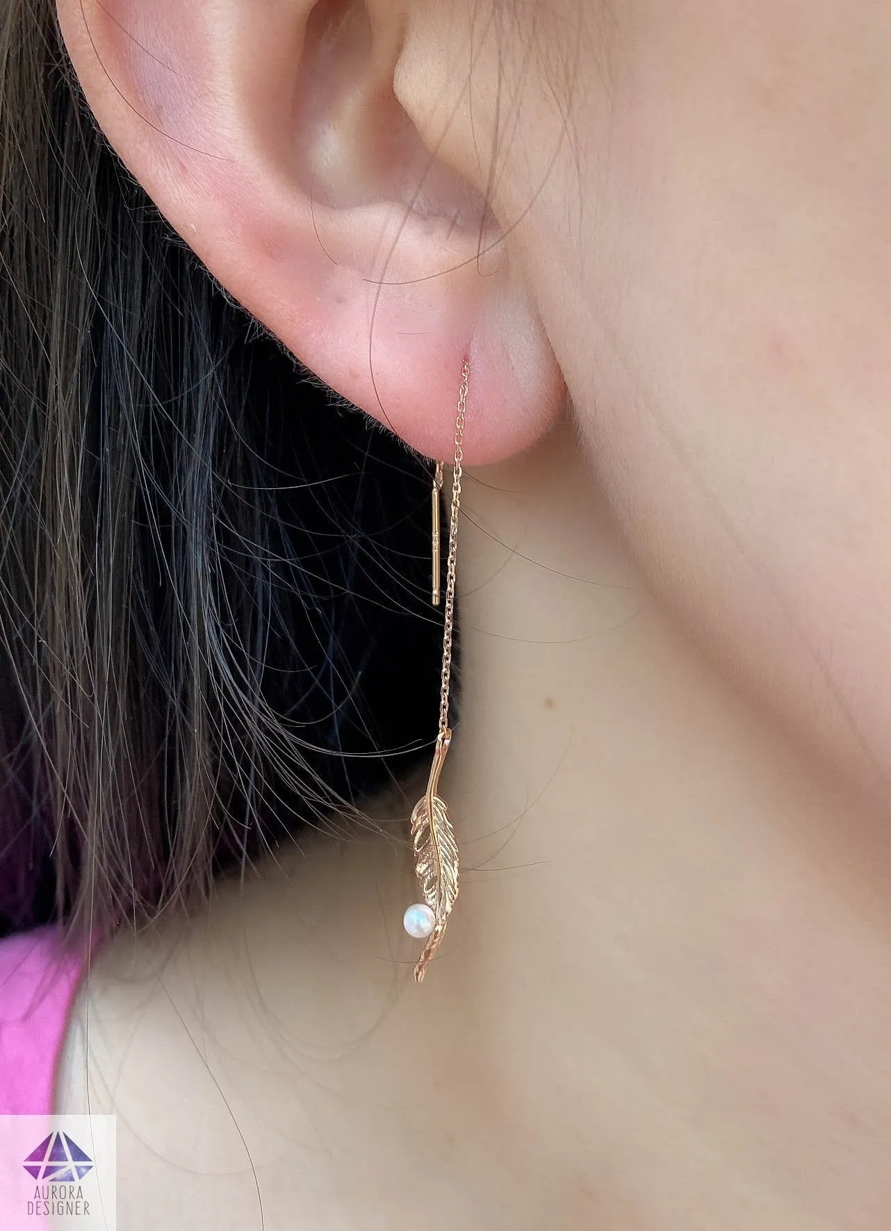 14K Rose Gold Feather Earrings with Pearls Dangle Threader Earring Nature Inspired June AD1572