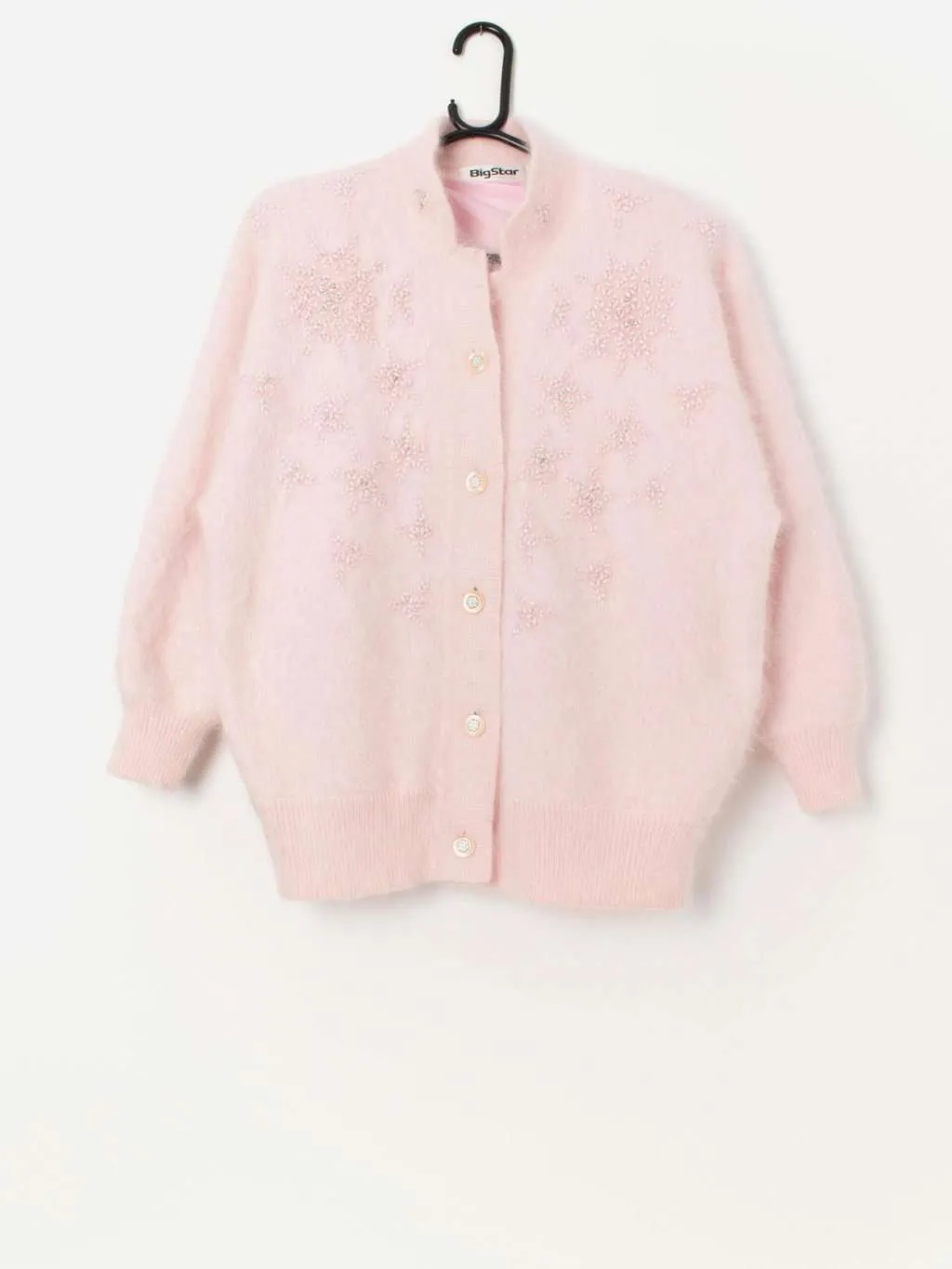 80s vintage pale pink fluffy beaded cardigan – Medium / Large