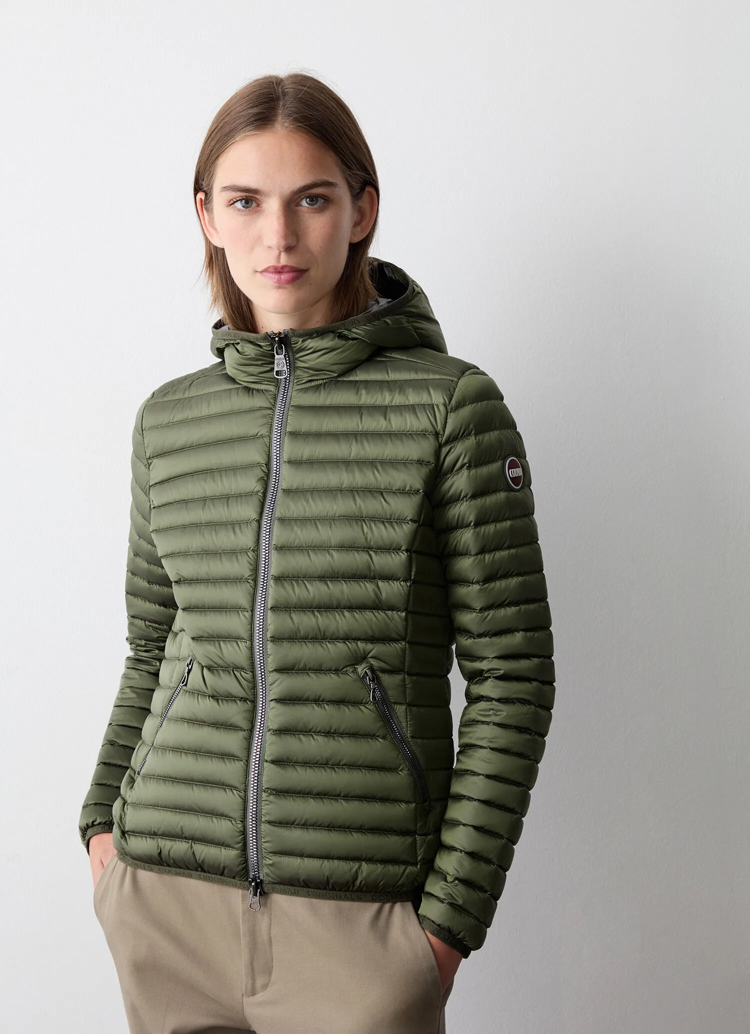 Autumn down jacket with fixed hood-