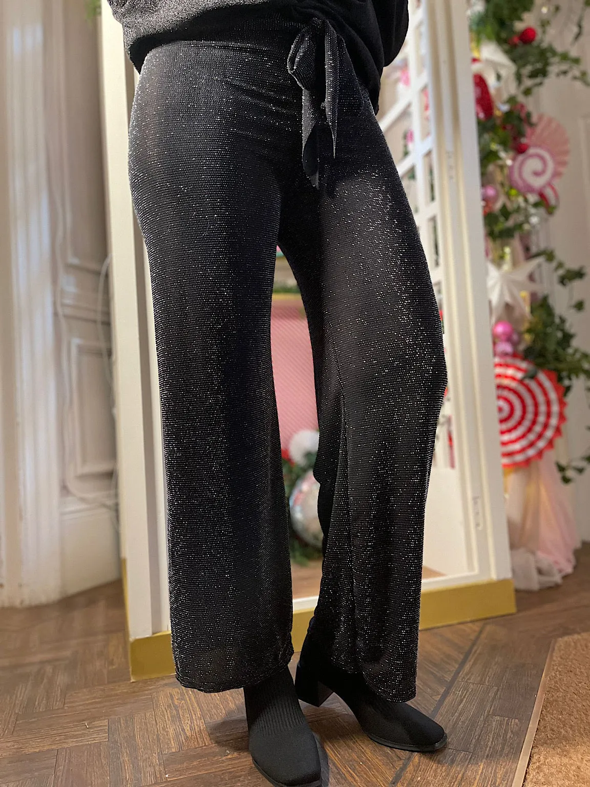 Black Belted Shimmer Wide Leg Trousers