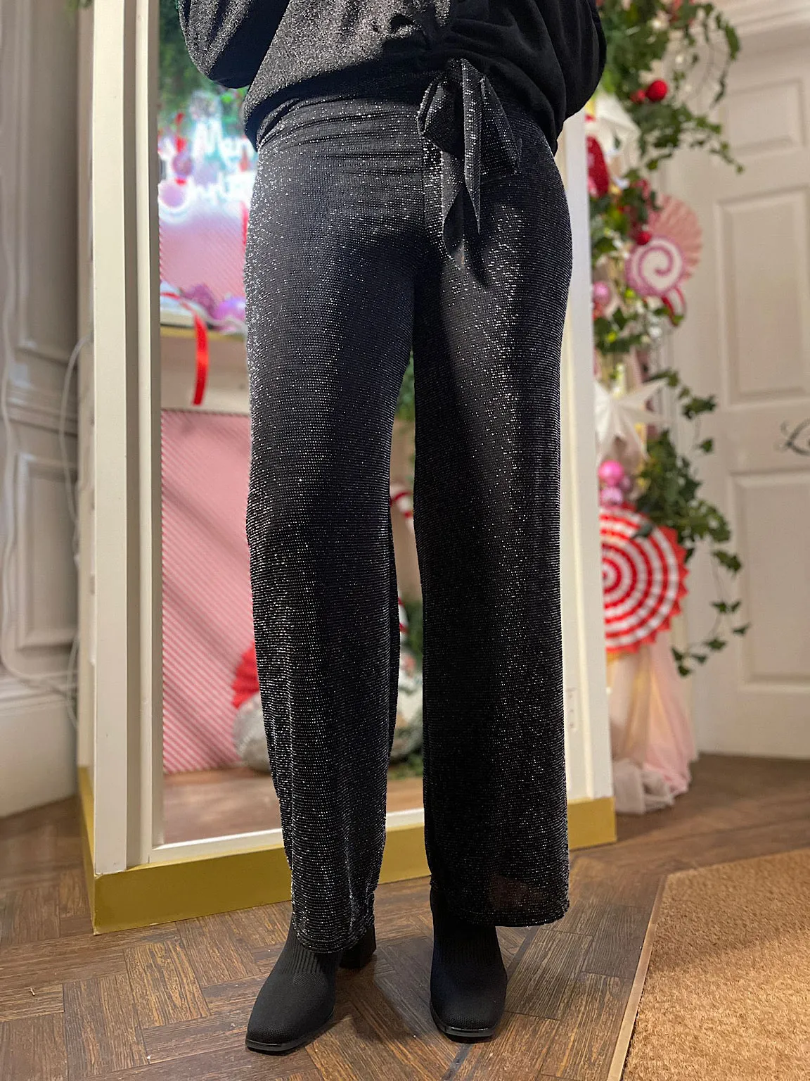 Black Belted Shimmer Wide Leg Trousers