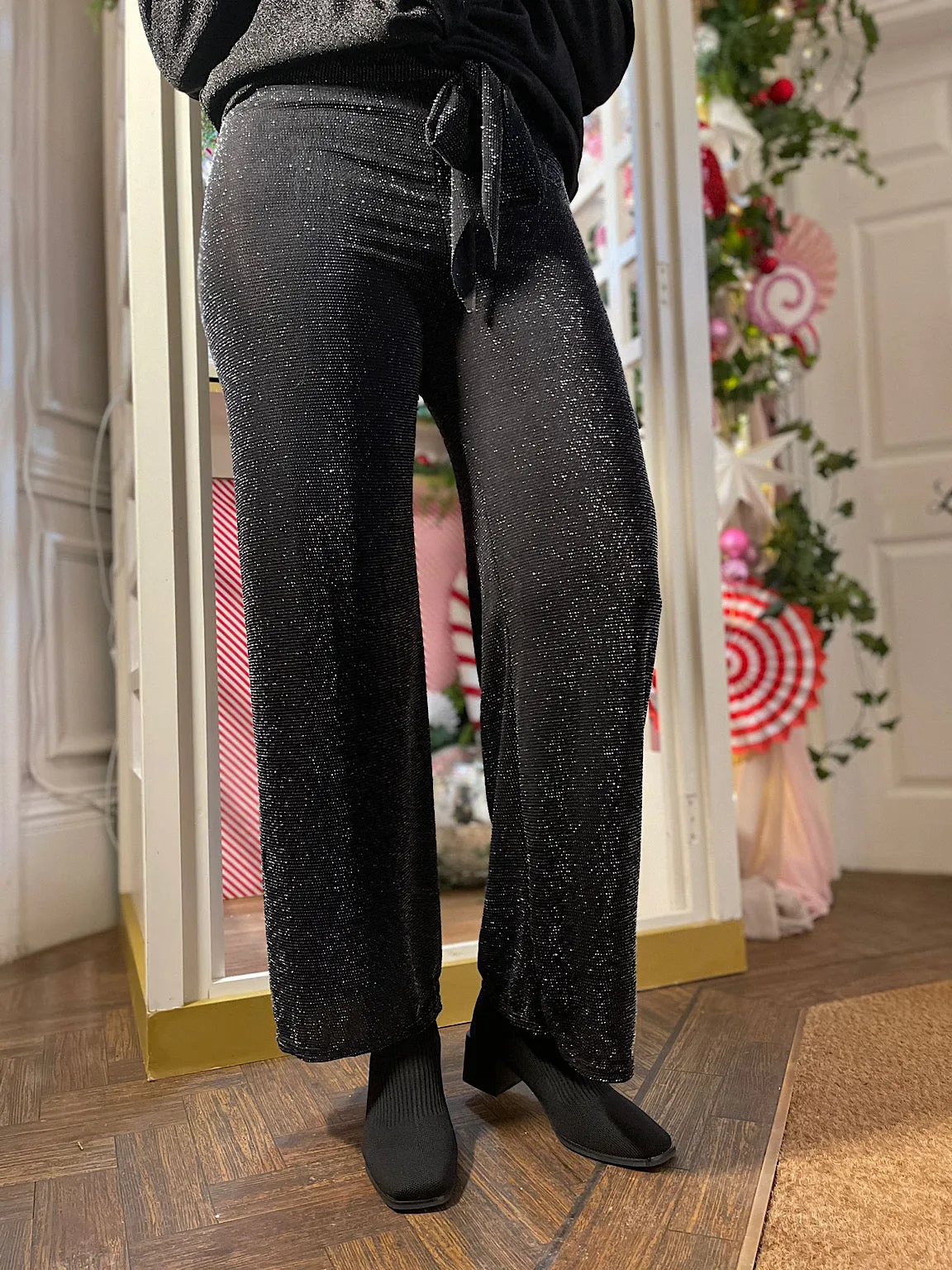 Black Belted Shimmer Wide Leg Trousers