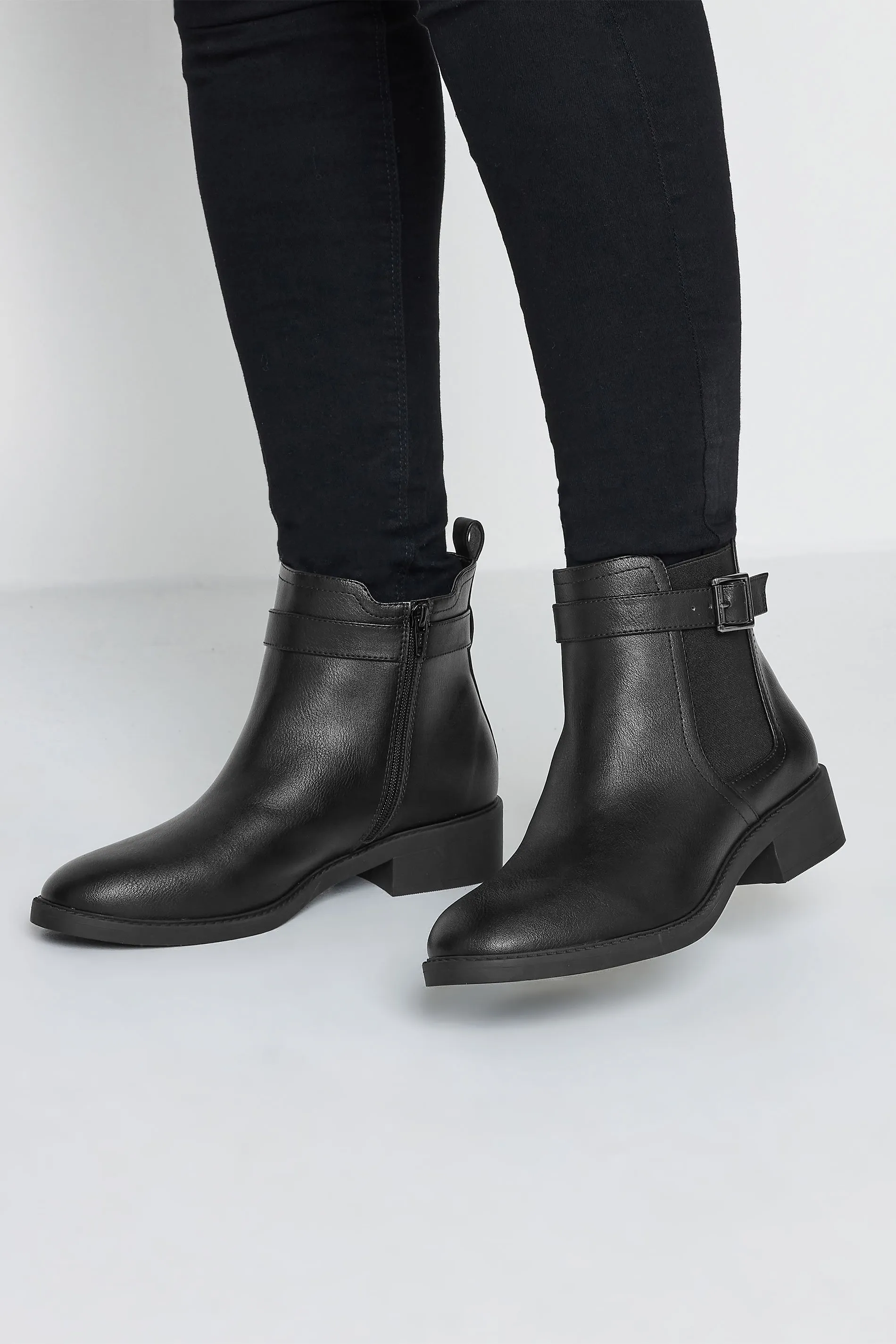 Black Buckle Faux Leather Ankle Boots In Wide E Fit & Extra Wide EEE Fit