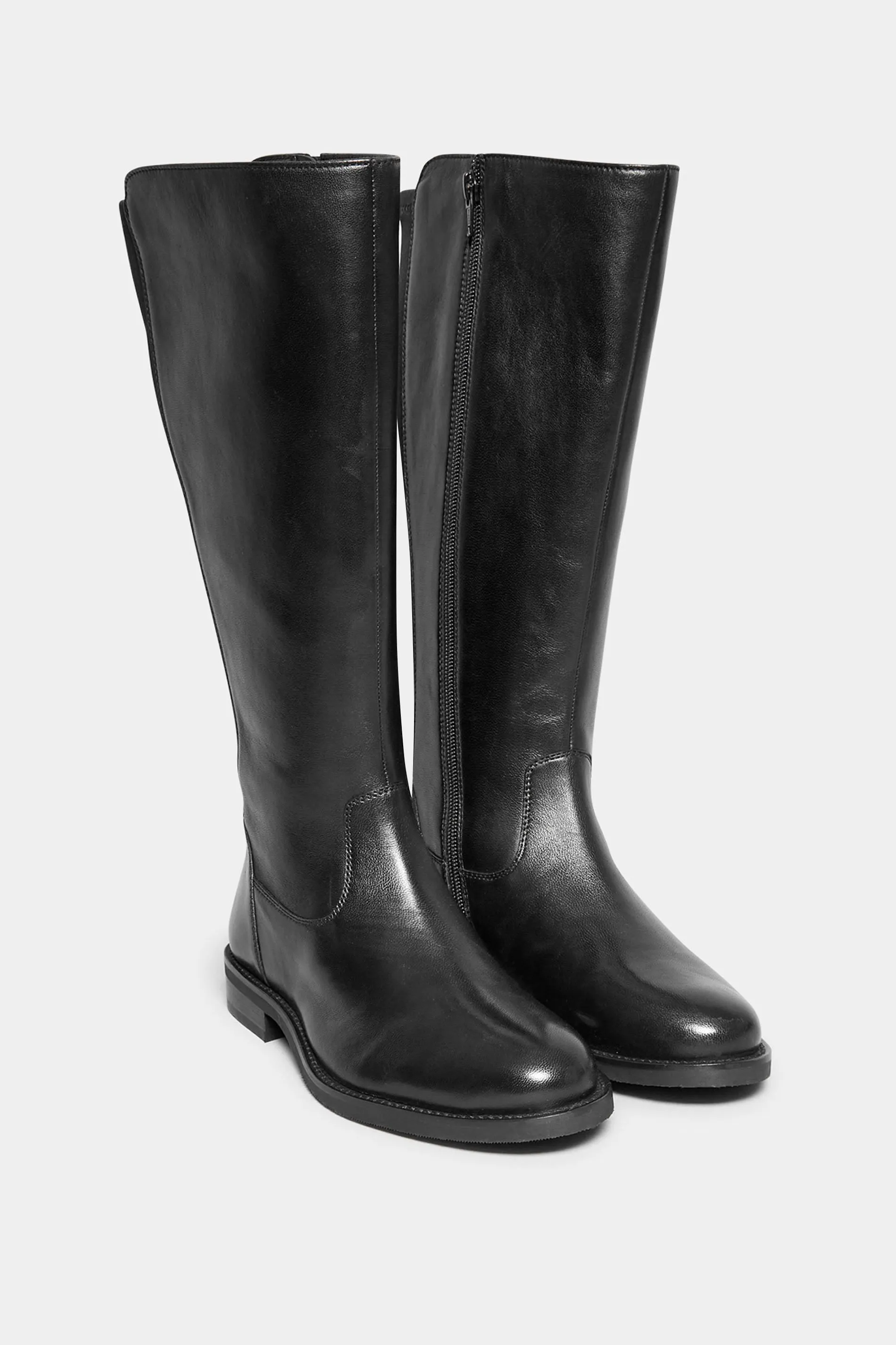 Black Elasticated Knee High Leather Boots In Wide E Fit & Extra Wide EEE Fit