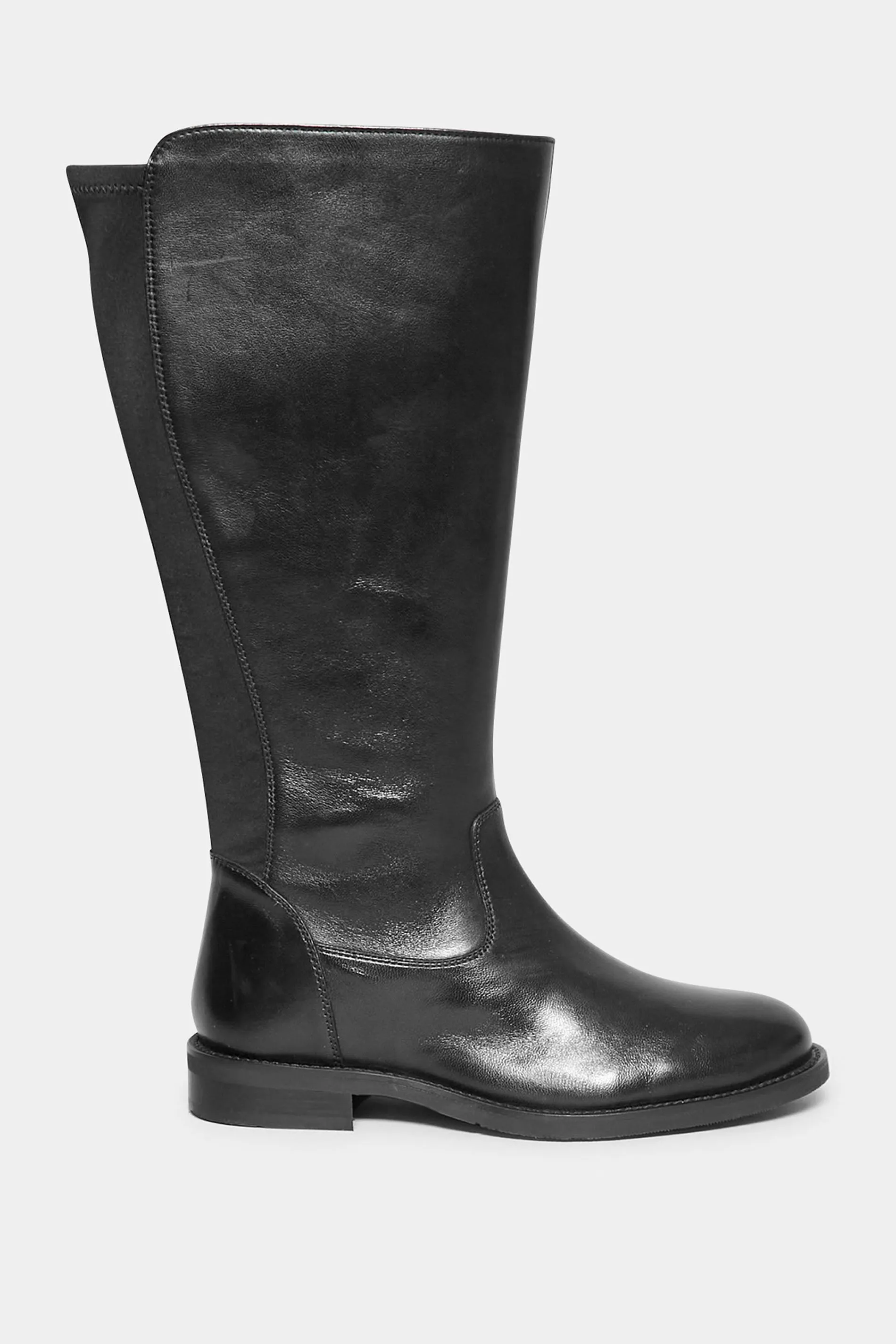 Black Elasticated Knee High Leather Boots In Wide E Fit & Extra Wide EEE Fit