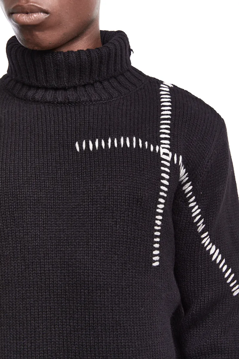 BLACK HIGH NECK STITCHING WOOL SWEATER