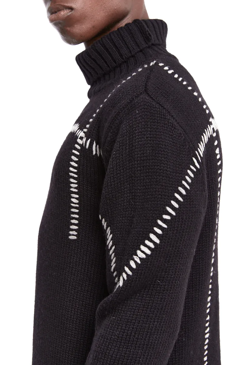 BLACK HIGH NECK STITCHING WOOL SWEATER