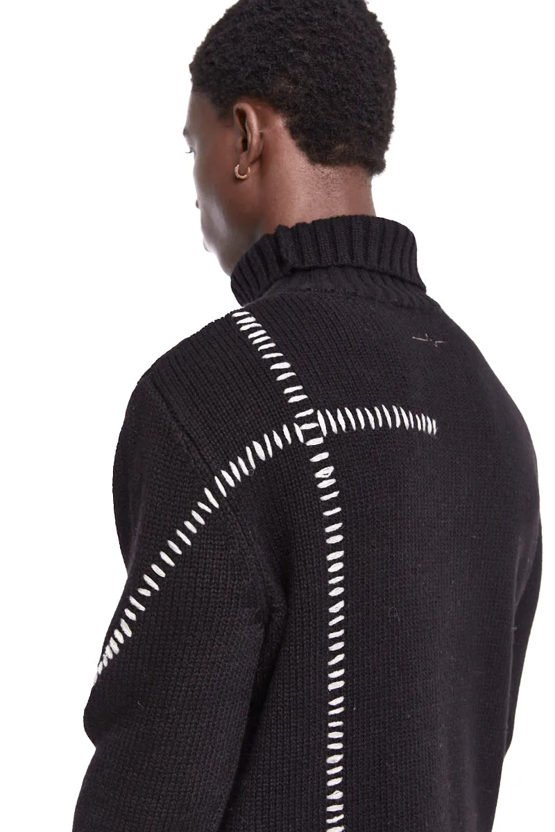 BLACK HIGH NECK STITCHING WOOL SWEATER