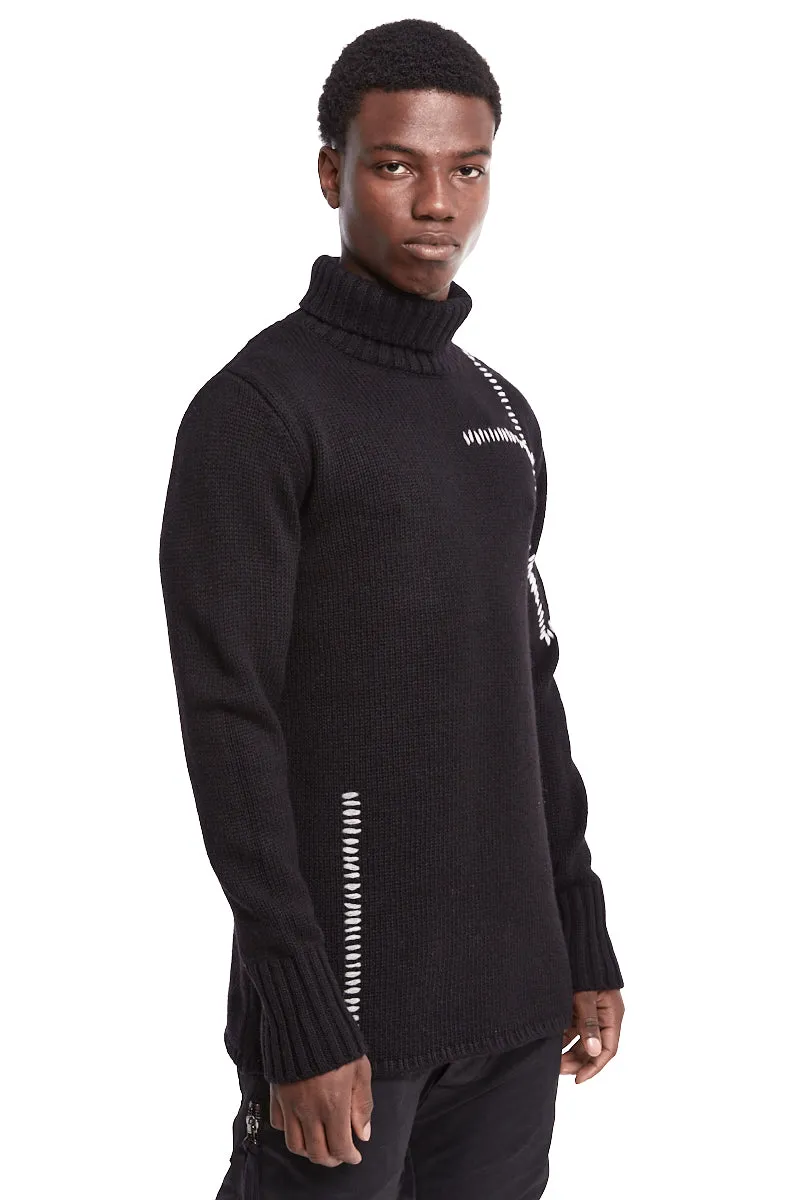 BLACK HIGH NECK STITCHING WOOL SWEATER