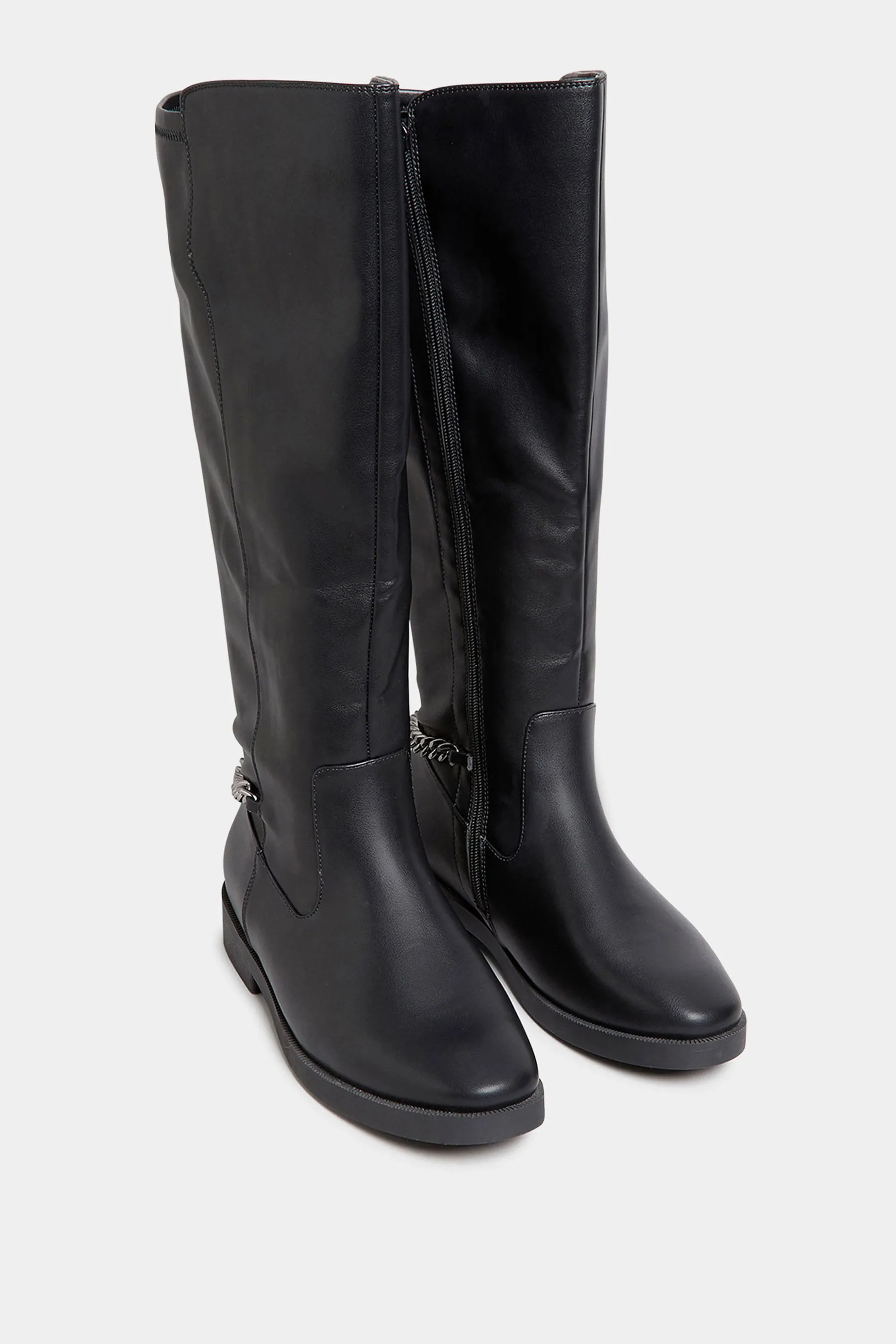 Black Knee High Chain Detail Boots In Wide E Fit & Extra Wide EEE Fit