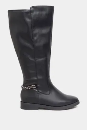 Black Knee High Chain Detail Boots In Wide E Fit & Extra Wide EEE Fit