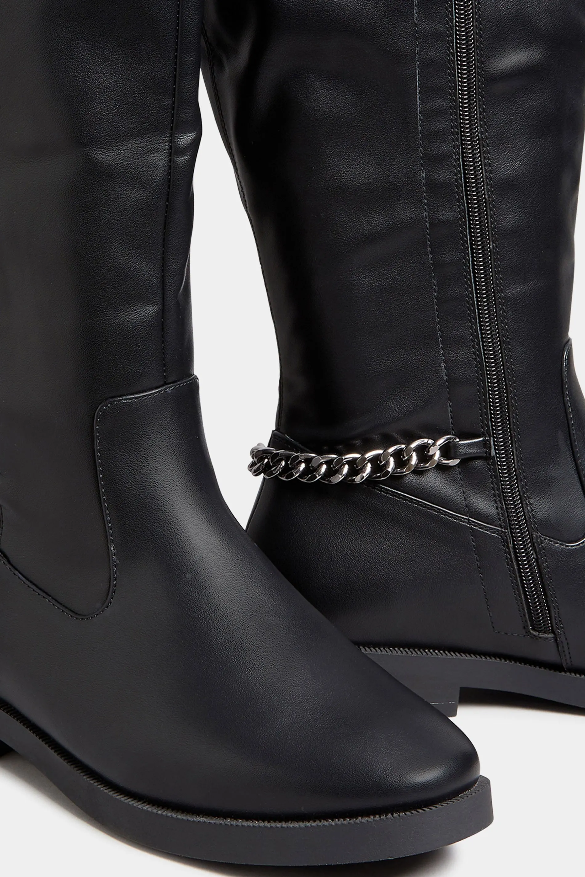 Black Knee High Chain Detail Boots In Wide E Fit & Extra Wide EEE Fit