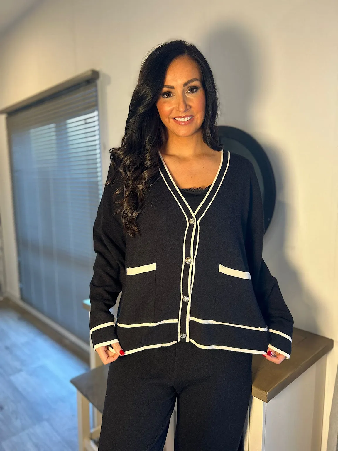 Black Luxury Button Cardigan Set Cher