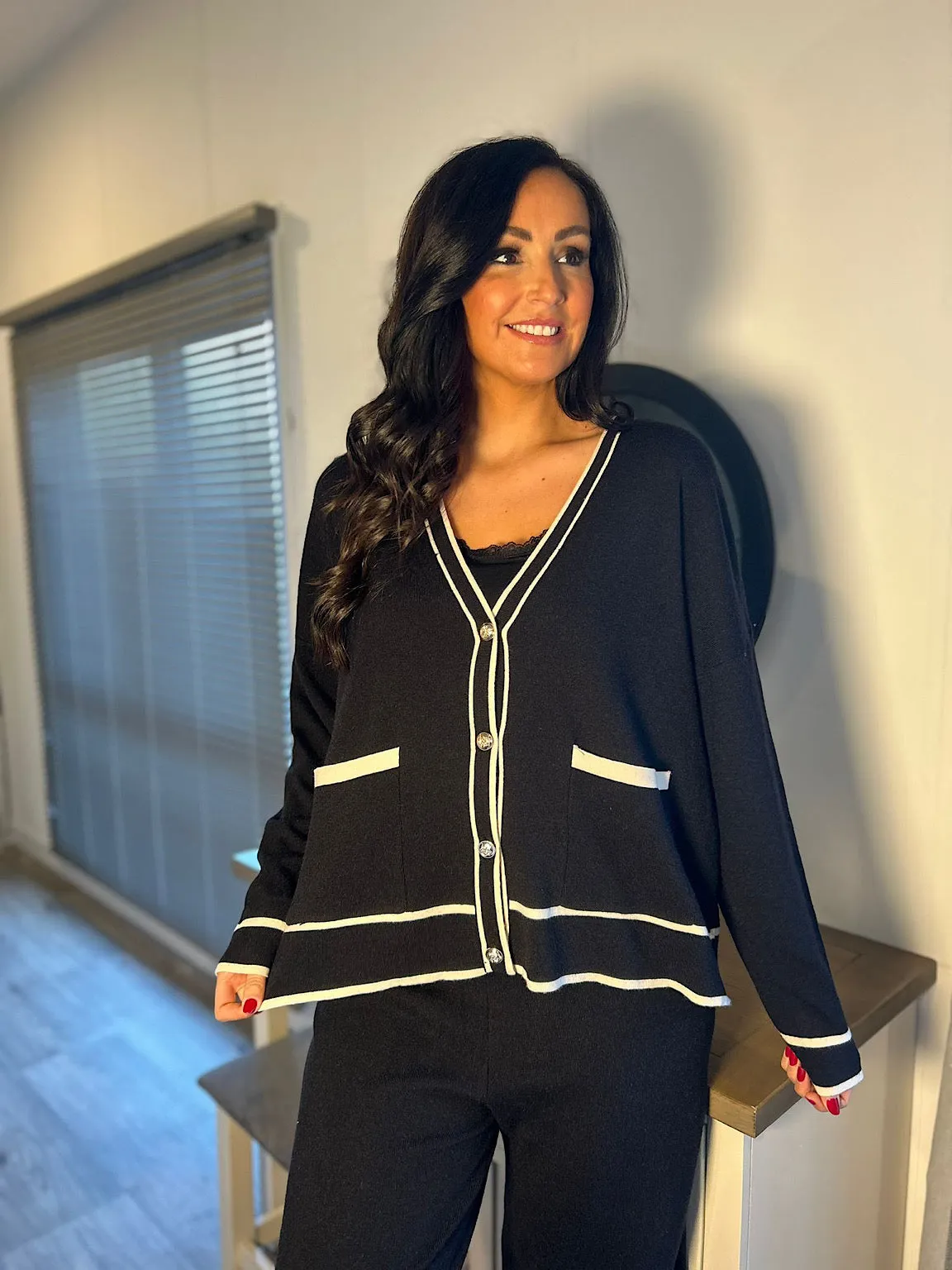 Black Luxury Button Cardigan Set Cher