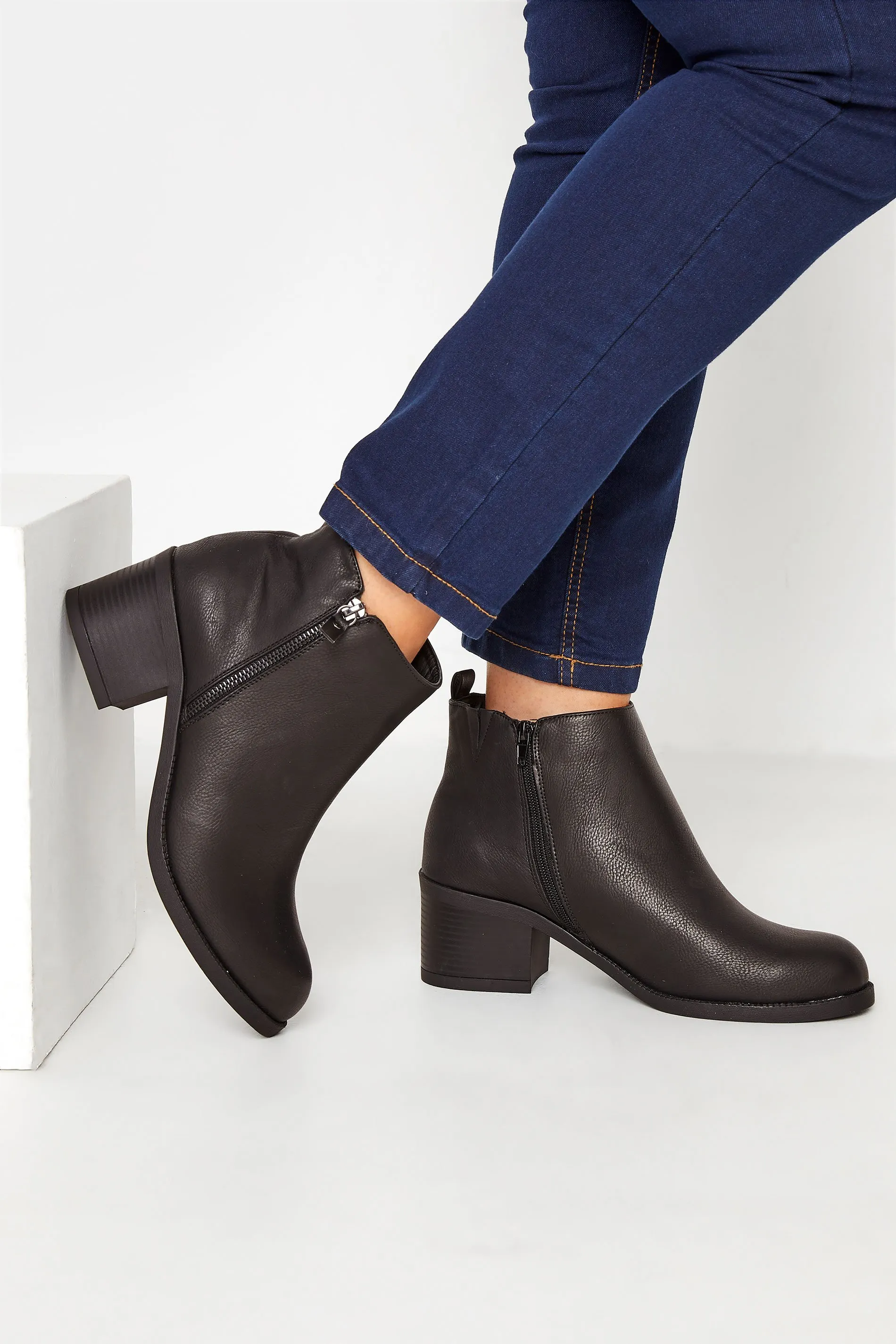 Black Side Zip Block Heel Boots In Wide E Fit & Extra Wide EEE Fit