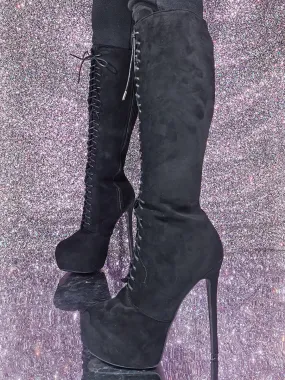 Black Suede Knee High Boots Platform Lace Up Sexy Boots