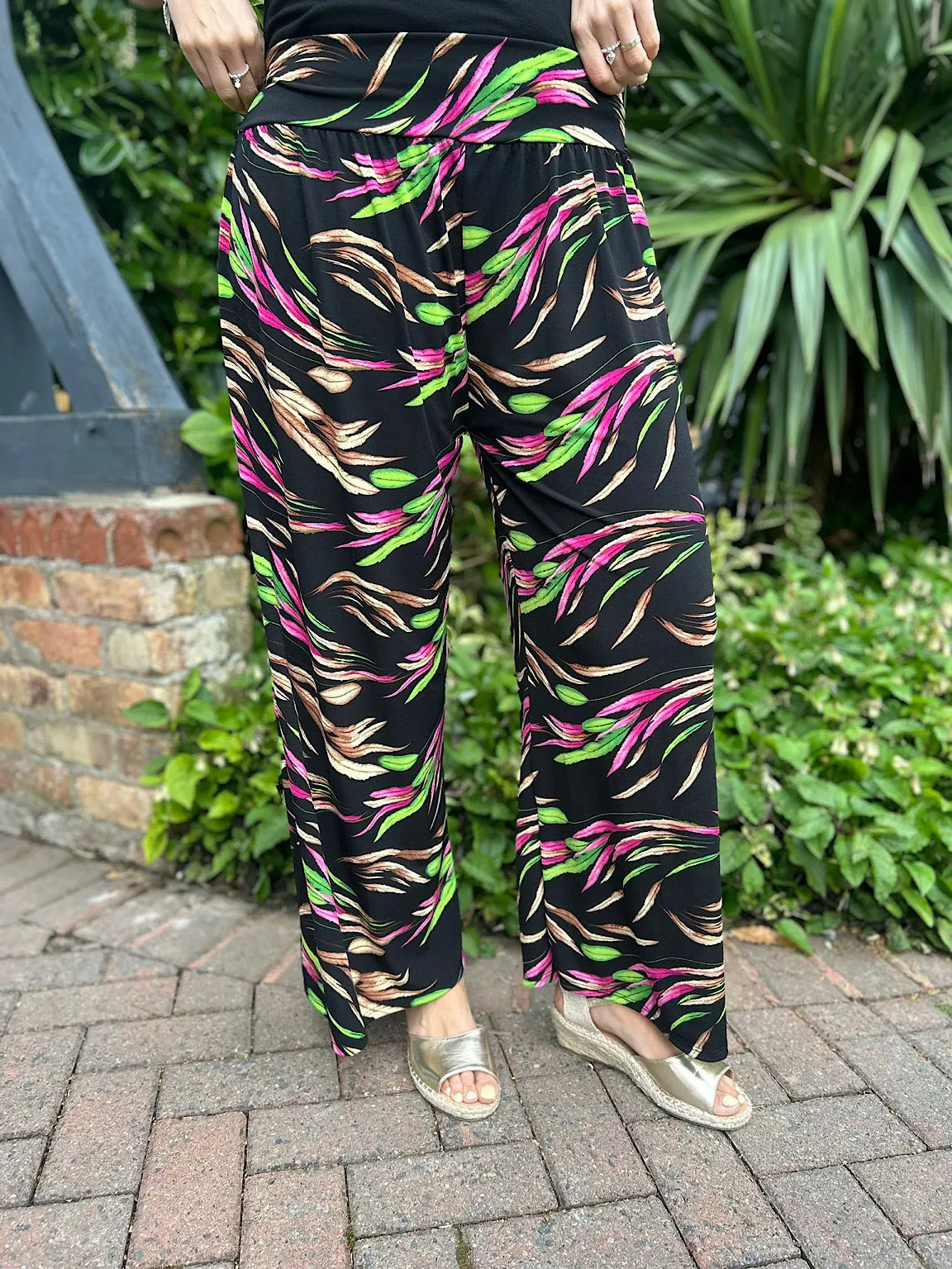 Black Vibrant Leaf Wide Leg Trousers