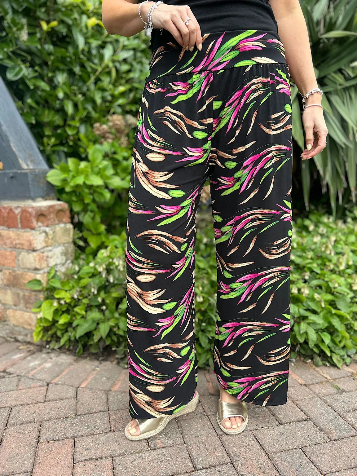 Black Vibrant Leaf Wide Leg Trousers