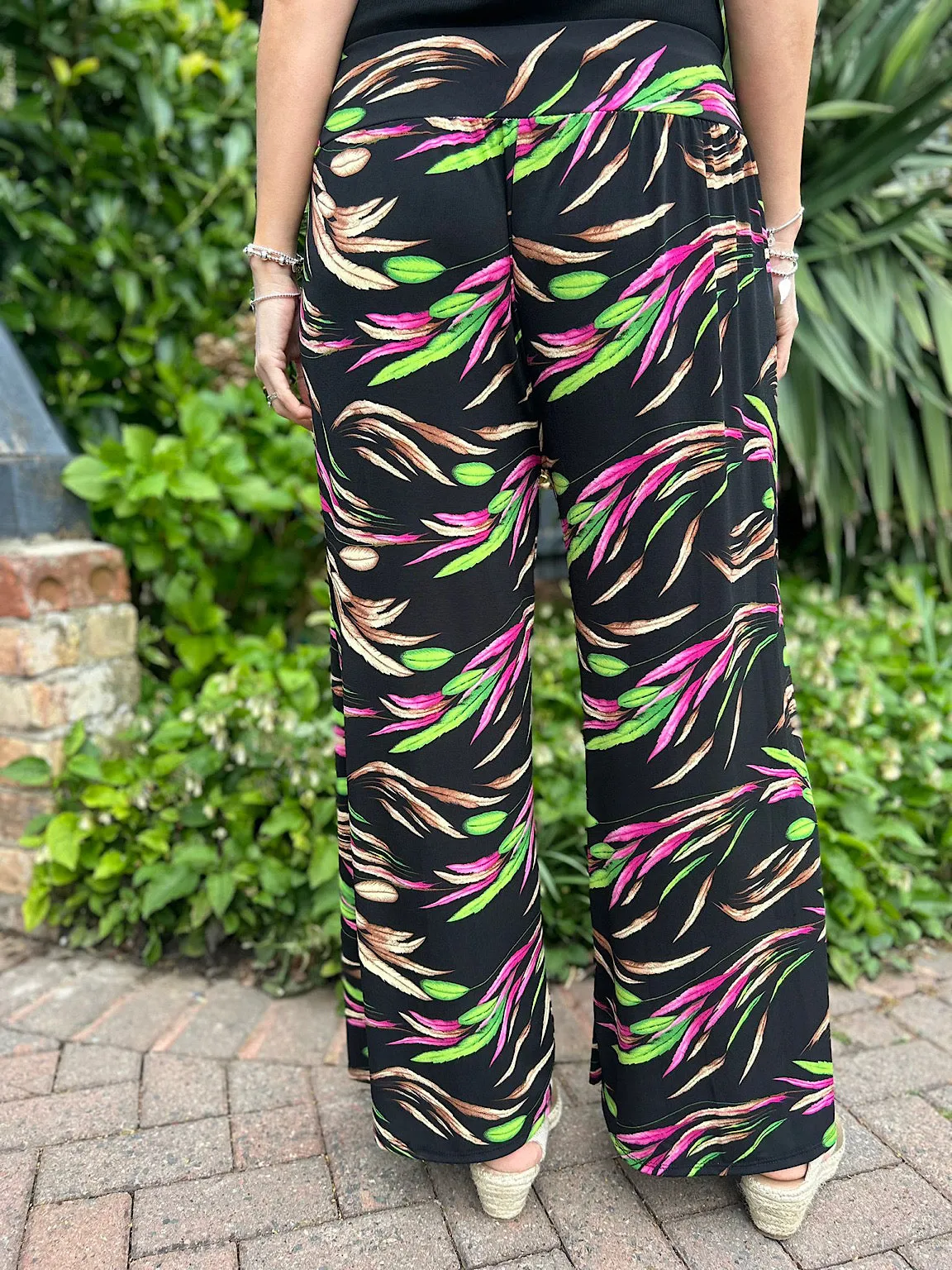 Black Vibrant Leaf Wide Leg Trousers