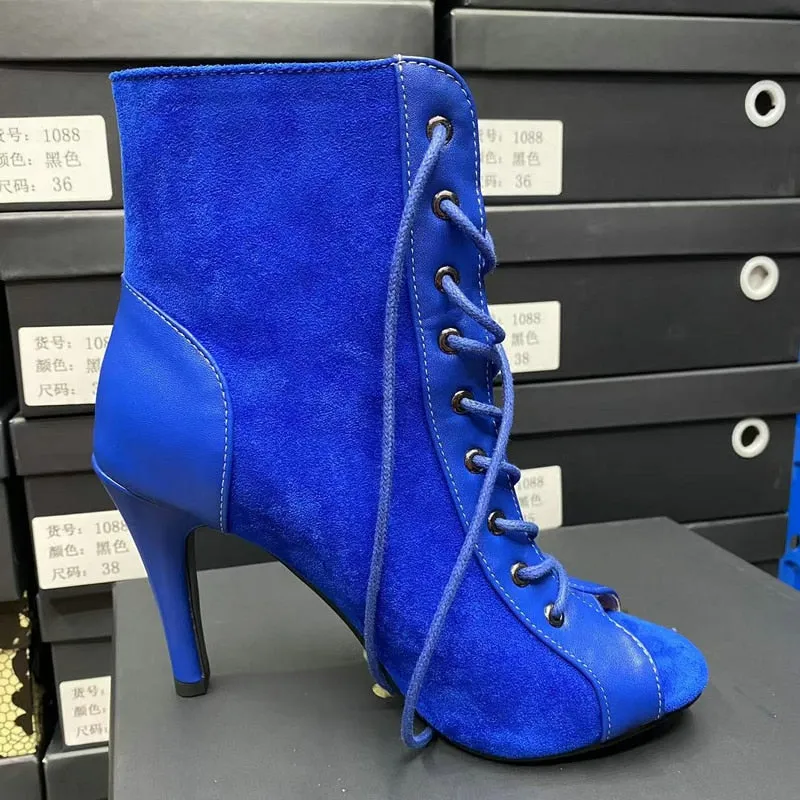 Blue Color Lace-up Cross-tied Jazz Dance Peep Toe Gladiator Boots for Women