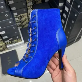 Blue Color Lace-up Cross-tied Jazz Dance Peep Toe Gladiator Boots for Women