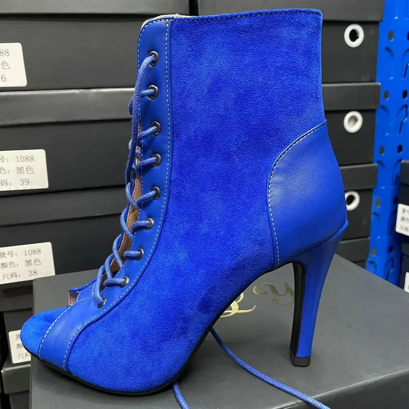 Blue Color Lace-up Cross-tied Jazz Dance Peep Toe Gladiator Boots for Women