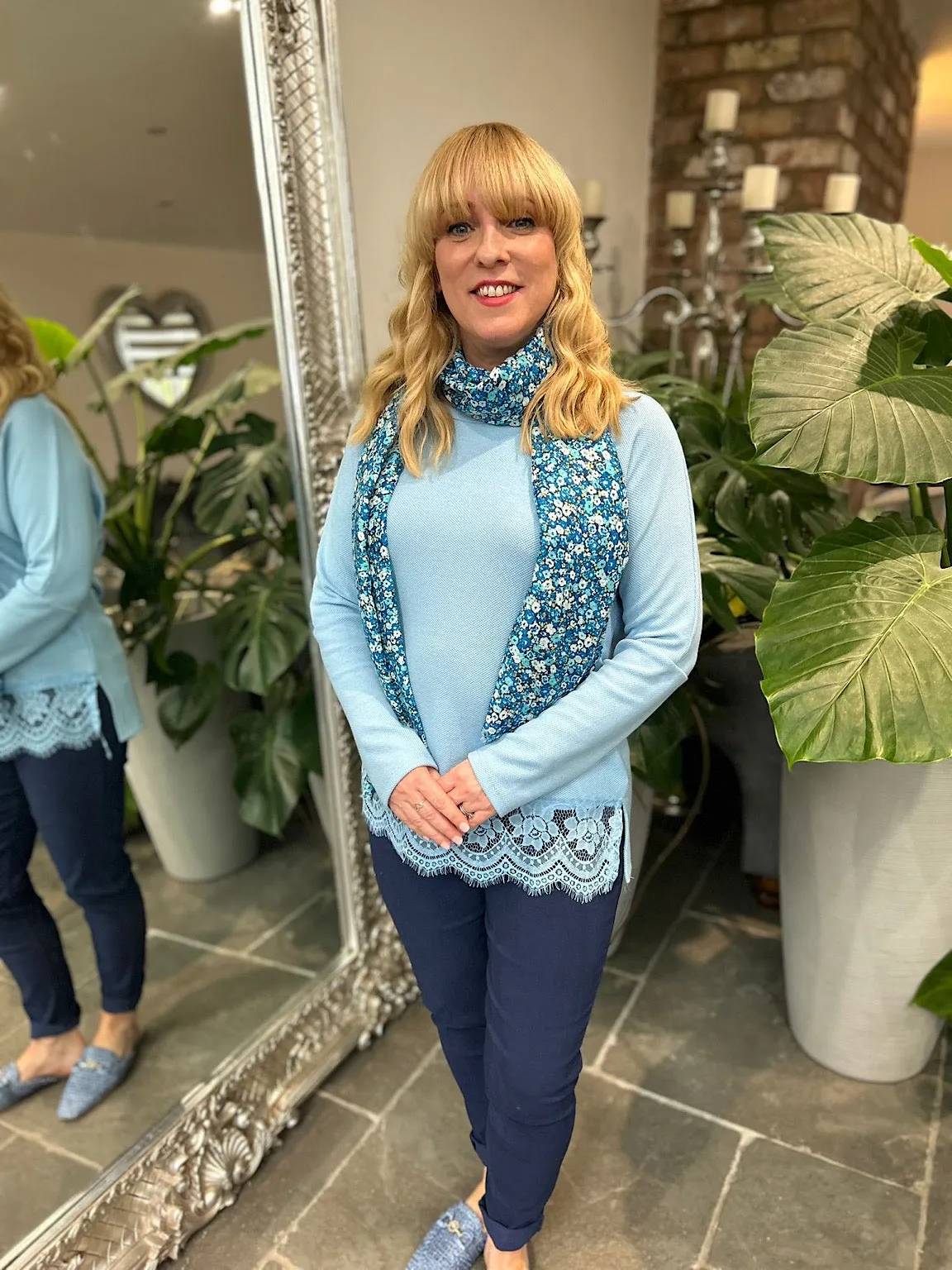 Blue Lace Hem Lightweight Top Fiona