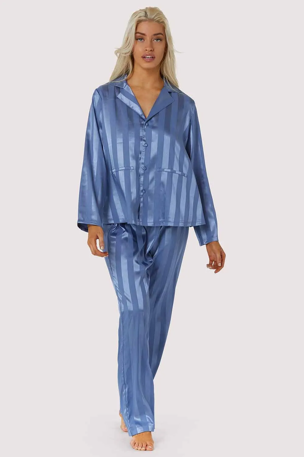 Blue Stripe Satin Pyjama Set, Size UK 12