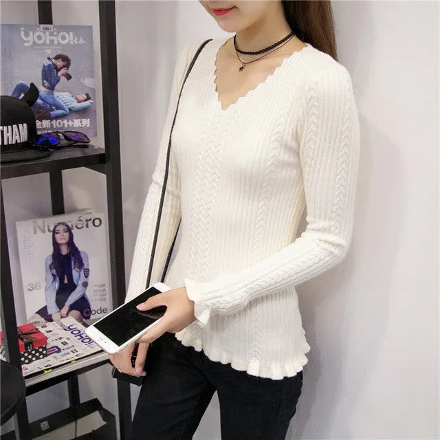 Brand New Autumn Winter Patchwork Female Sweater Plus Size Thin Knitted Long Sleeve V-neck Pullovers Hot  71784 SM6