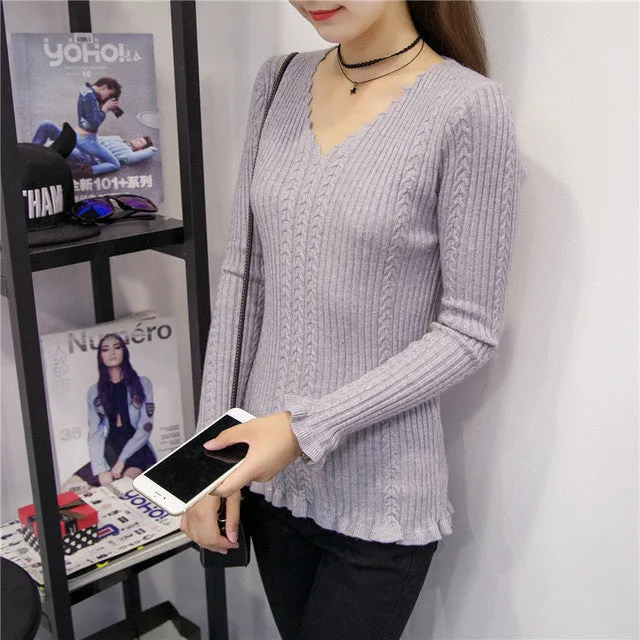 Brand New Autumn Winter Patchwork Female Sweater Plus Size Thin Knitted Long Sleeve V-neck Pullovers Hot  71784 SM6