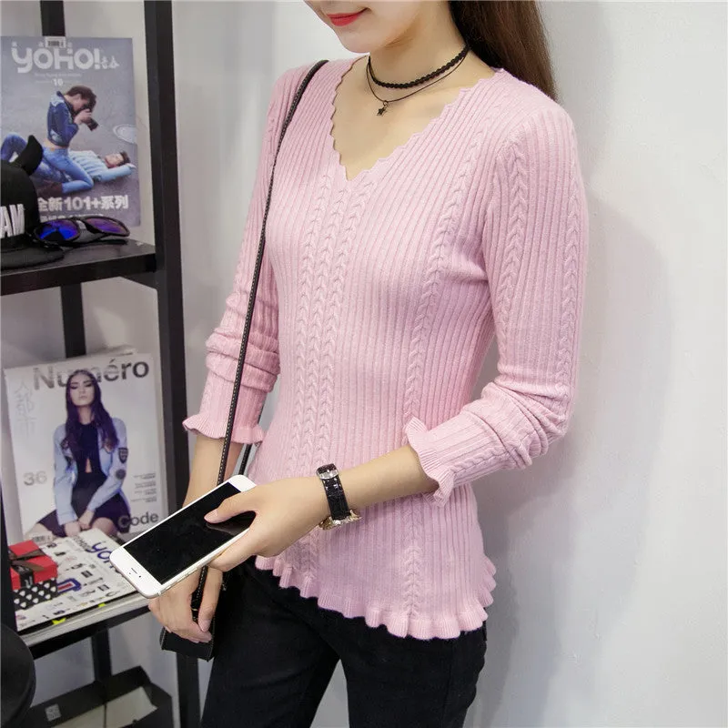 Brand New Autumn Winter Patchwork Female Sweater Plus Size Thin Knitted Long Sleeve V-neck Pullovers Hot  71784 SM6