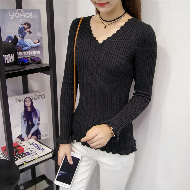 Brand New Autumn Winter Patchwork Female Sweater Plus Size Thin Knitted Long Sleeve V-neck Pullovers Hot  71784 SM6