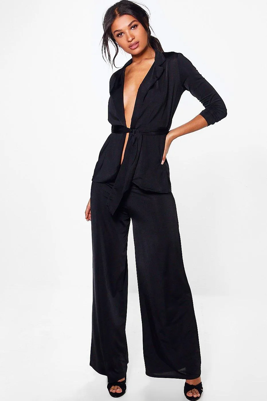 Chelsea Tie Waist Slinky Blazer & Pants Two-Piece