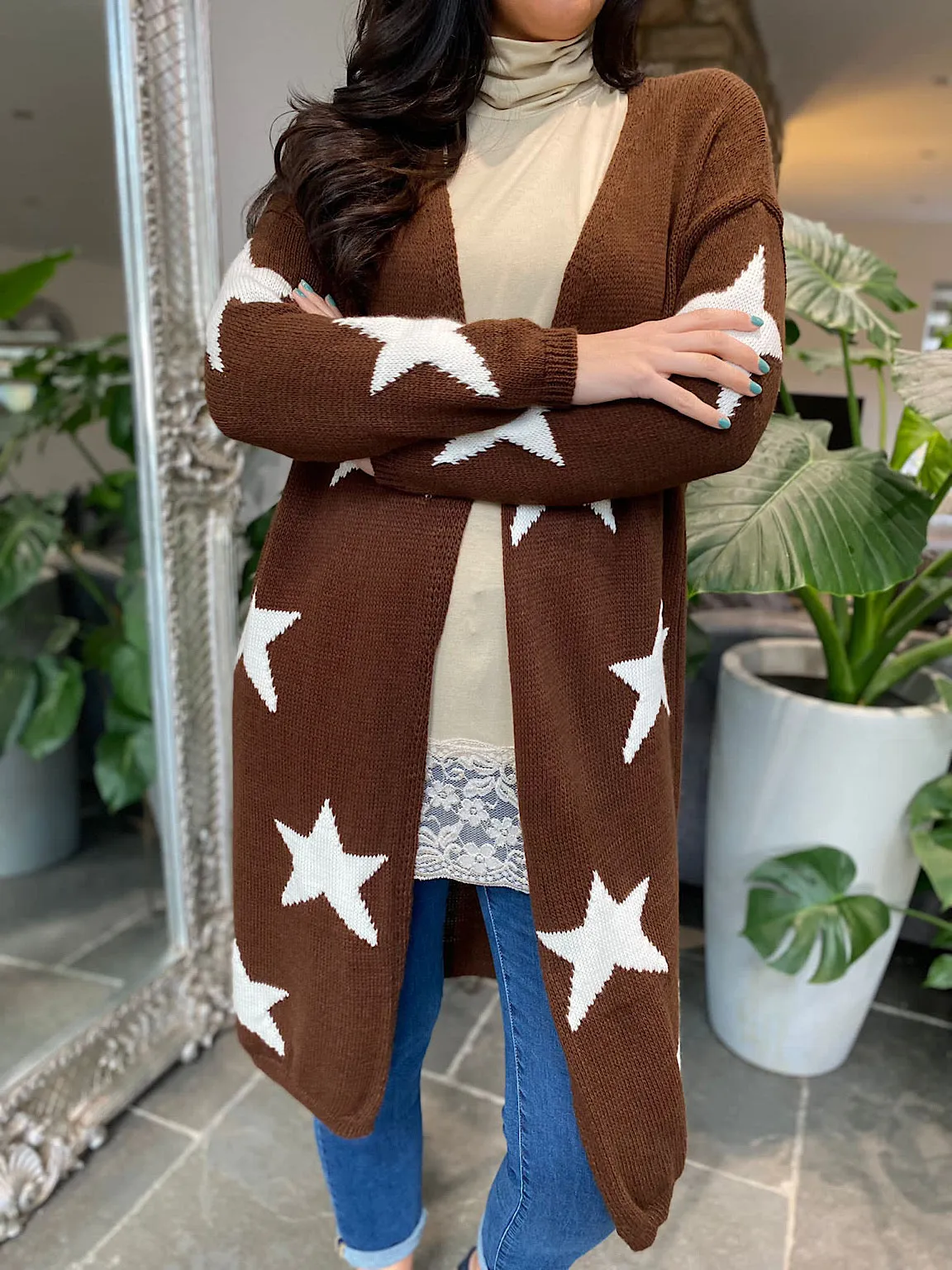 Chocolate Longline Star Patterned Cardigan Dove