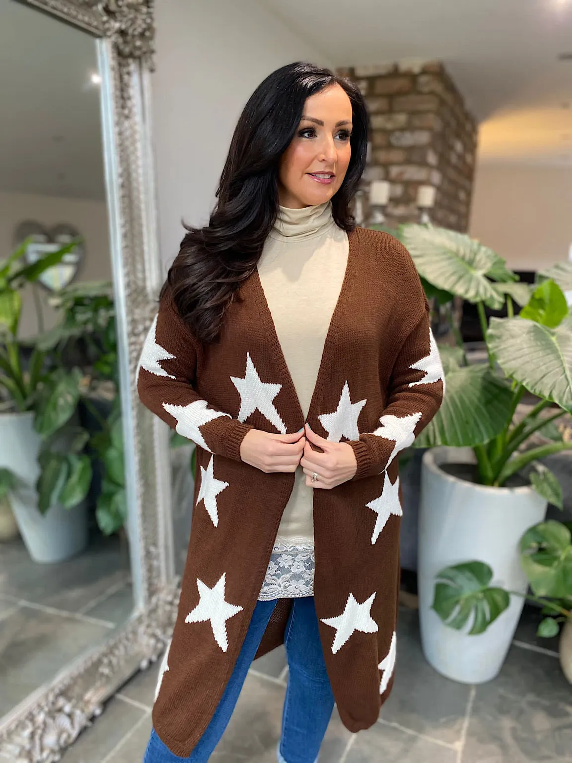 Chocolate Longline Star Patterned Cardigan Dove