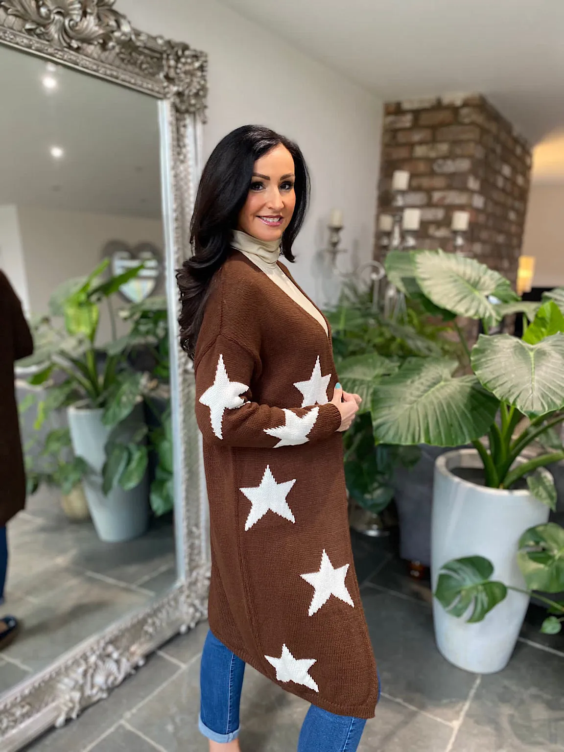 Chocolate Longline Star Patterned Cardigan Dove