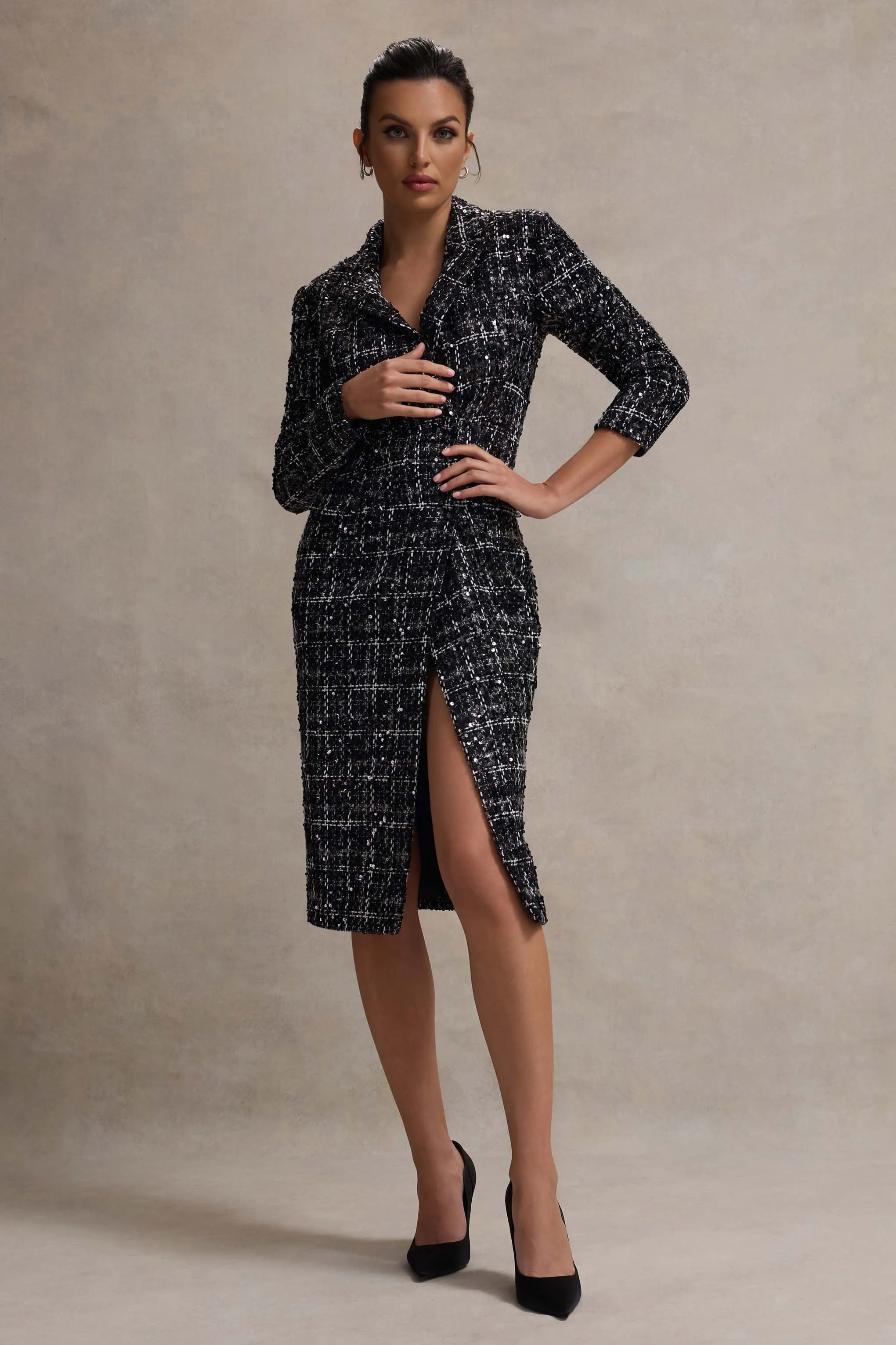 Cooper | Black Boucle Tailored Blazer Midi Dress