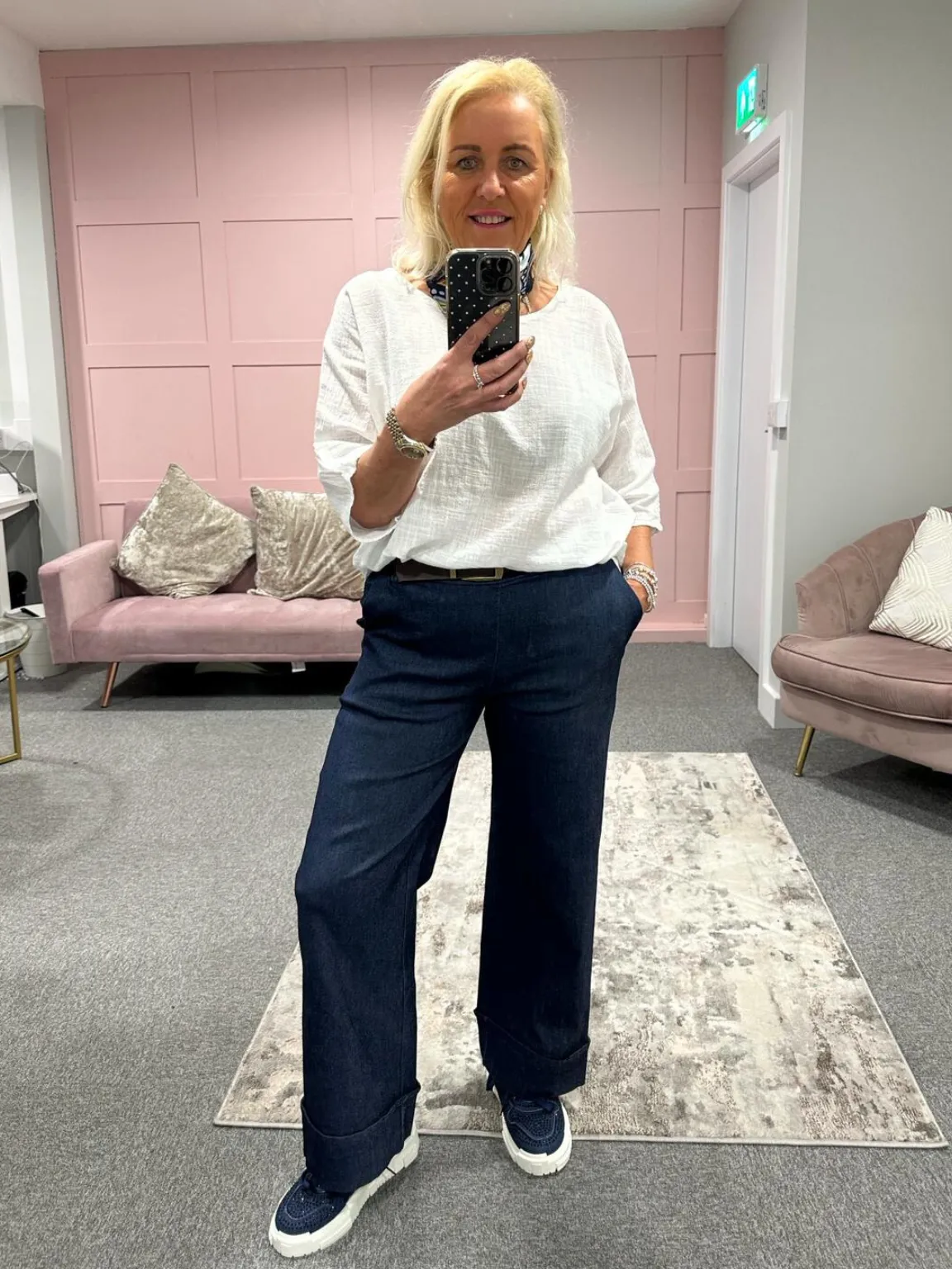 Denim Wide Leg Comfort Turn up Trousers