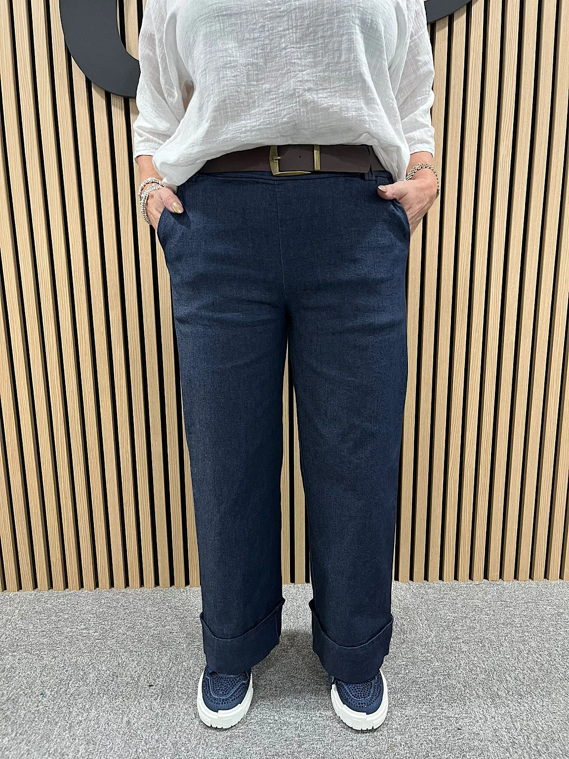 Denim Wide Leg Comfort Turn up Trousers