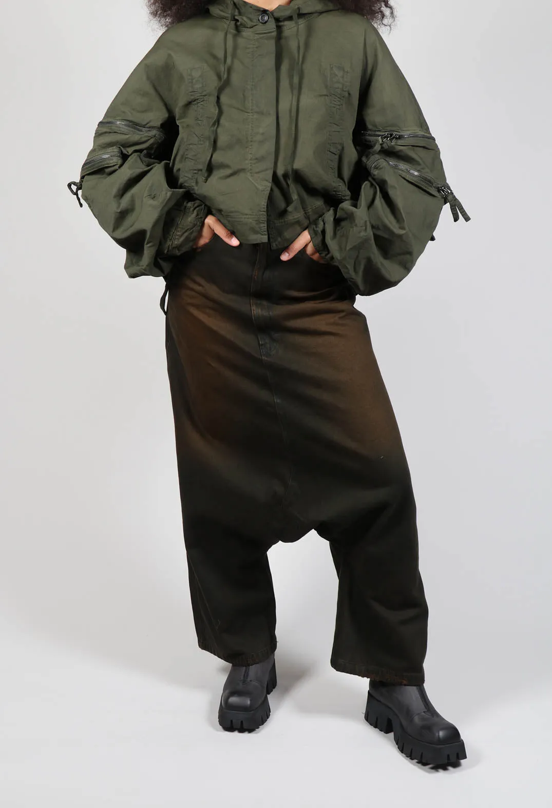 Distressed Drop Crotch Trousers in Khaki