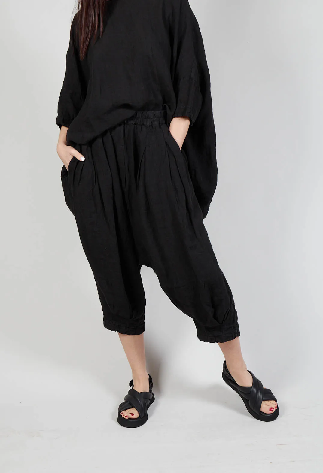 Drop Crotch Linen Trousers in Black