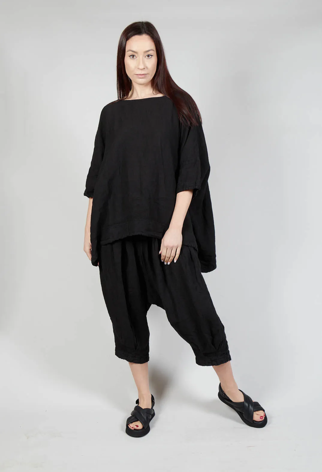 Drop Crotch Linen Trousers in Black