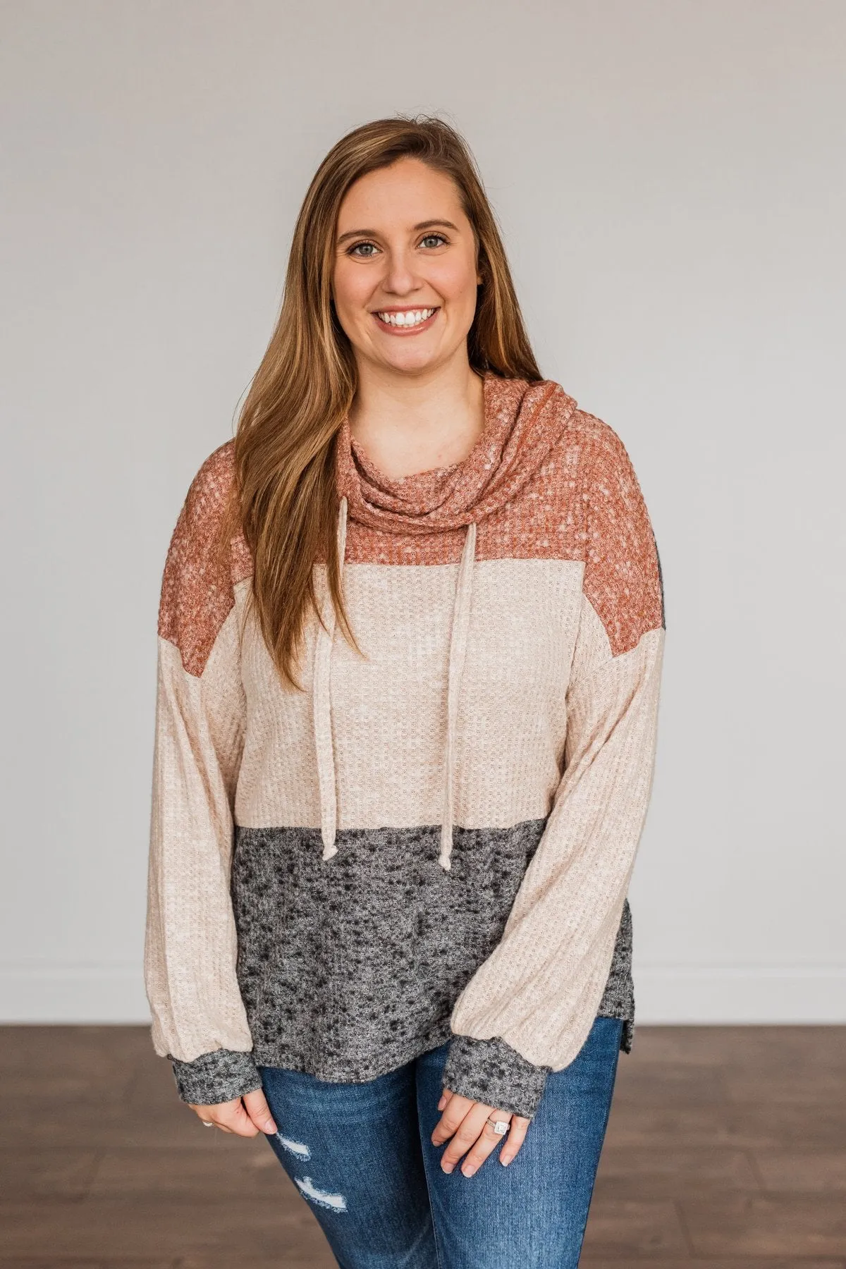 Flawless Looks Cowl Neck Top- Rust, Beige & Charcoal