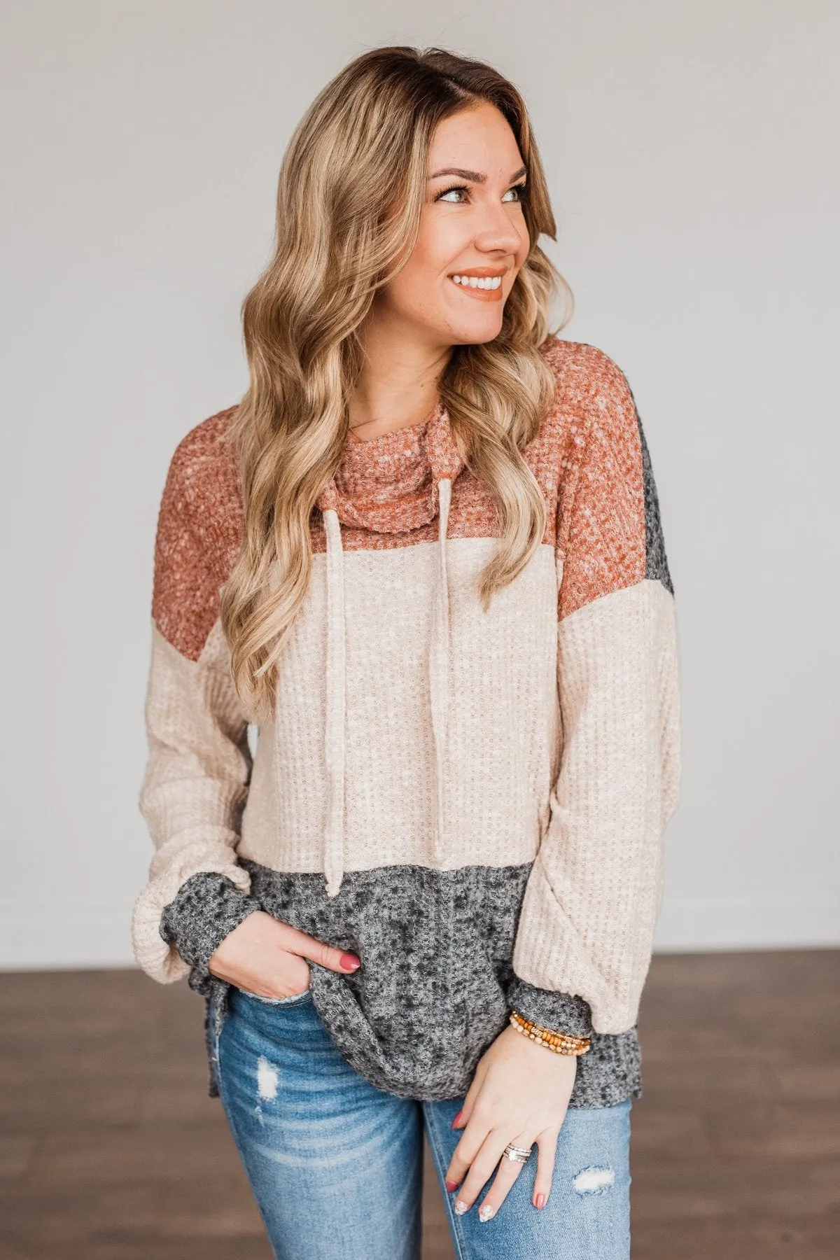 Flawless Looks Cowl Neck Top- Rust, Beige & Charcoal