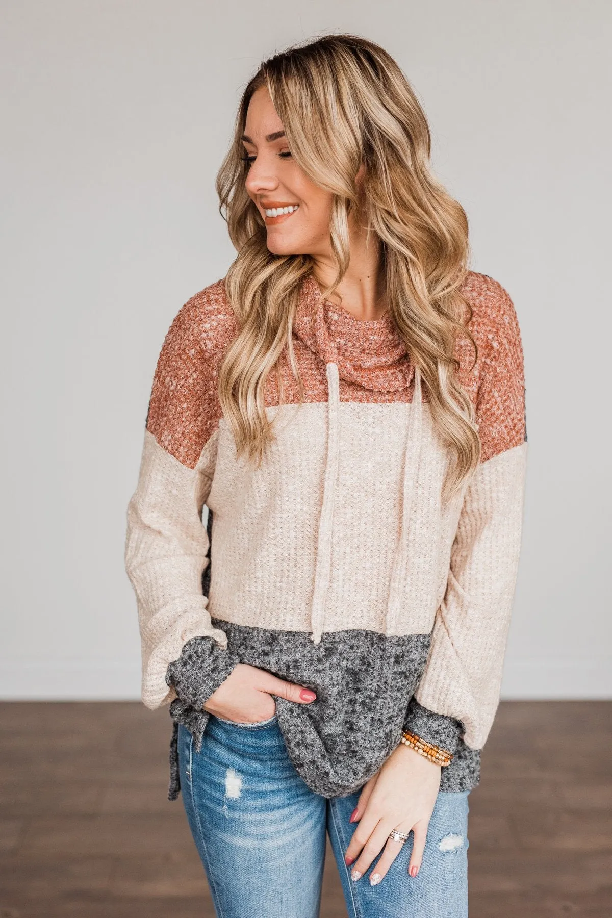 Flawless Looks Cowl Neck Top- Rust, Beige & Charcoal