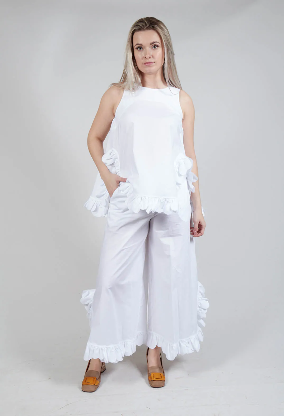 Frill Wide Leg Trousers in White