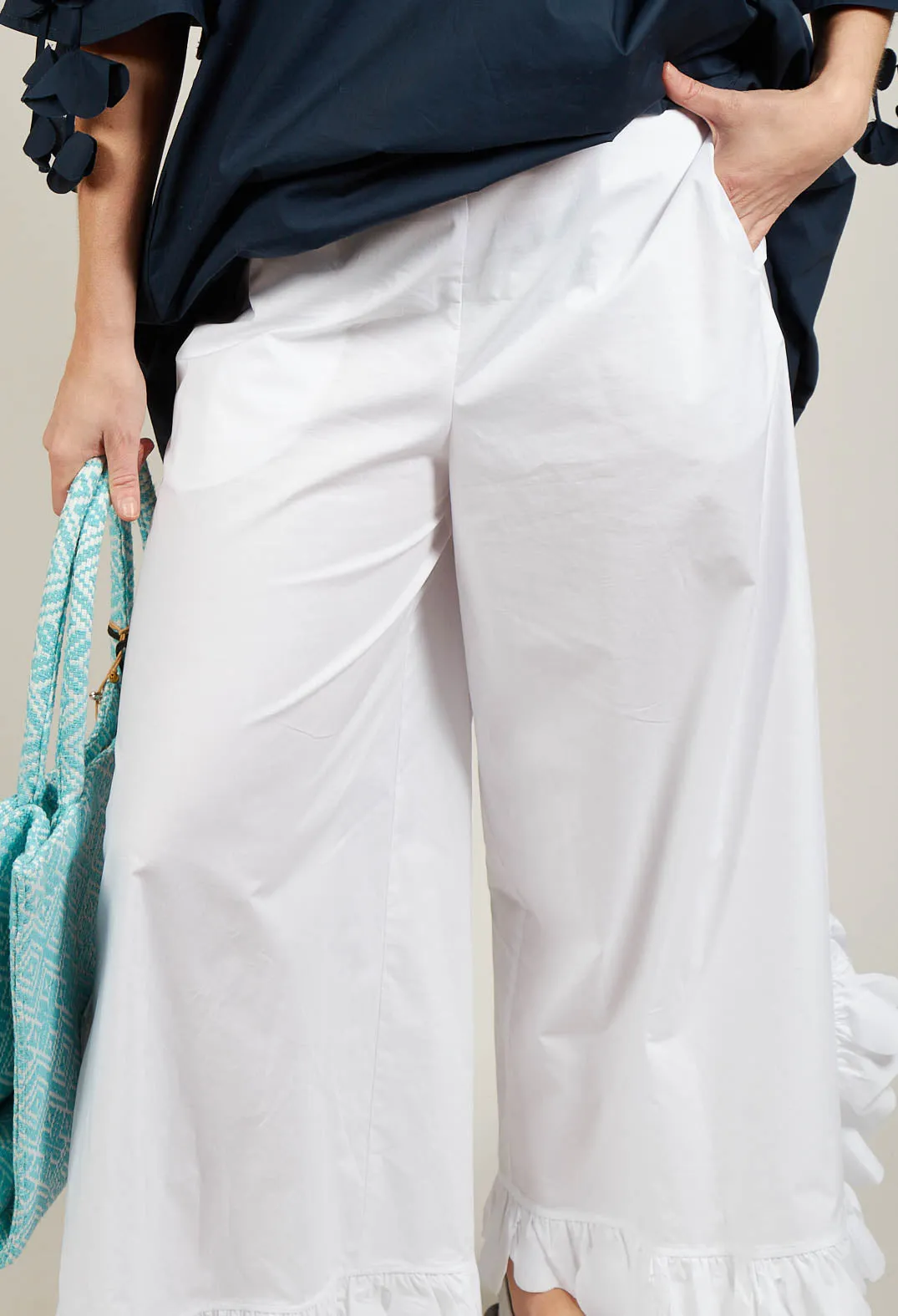 Frill Wide Leg Trousers in White