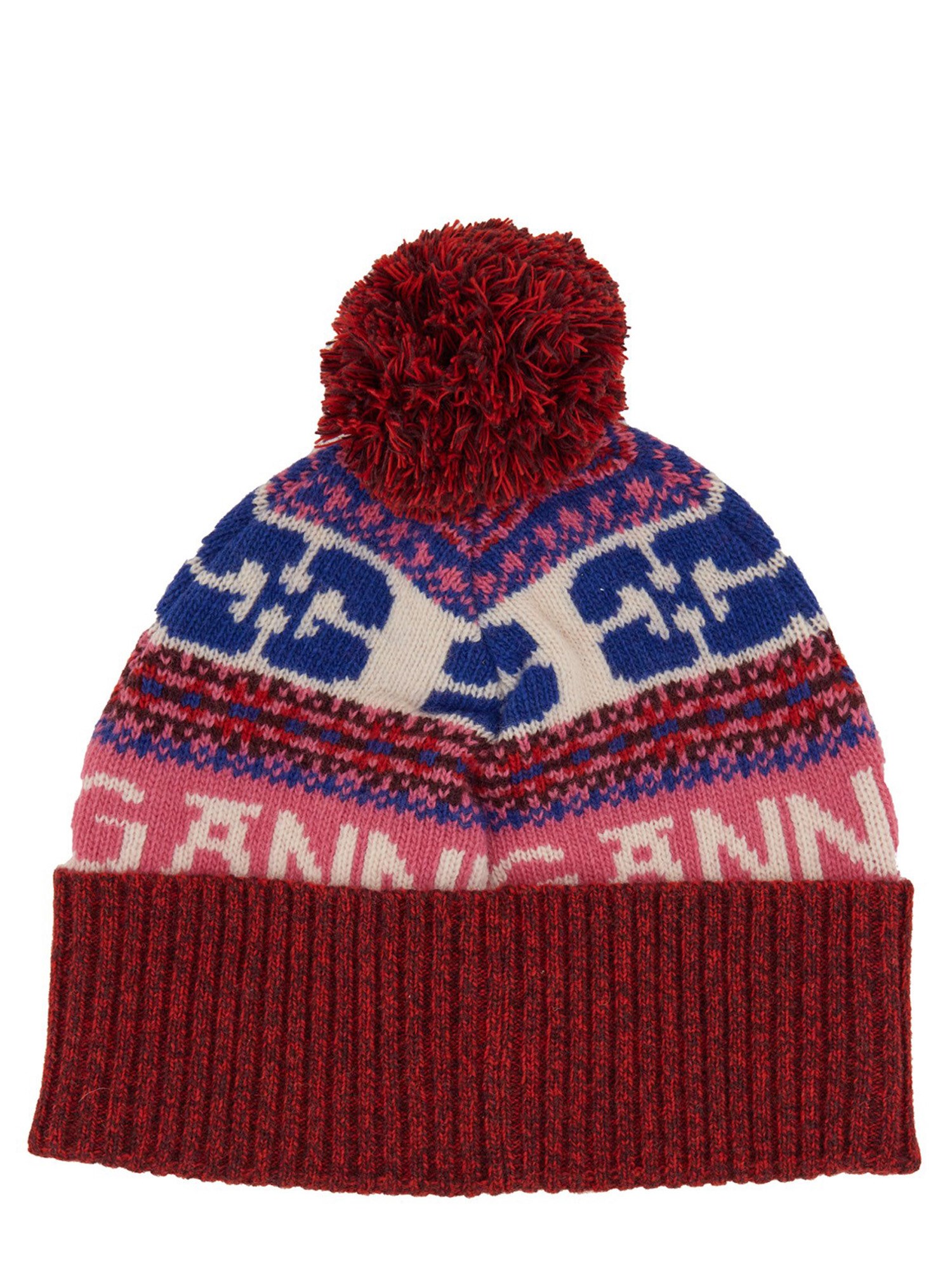 GANNI    WOOL BEANIE HAT WITH GRAPHIC PATTERN