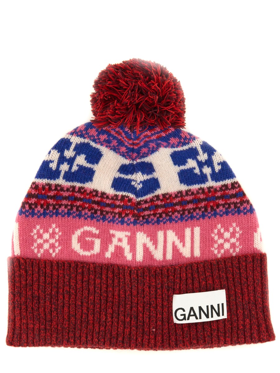 GANNI    WOOL BEANIE HAT WITH GRAPHIC PATTERN