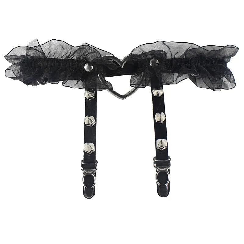 Get Edgy with Our Sexy Punk Garters Spike Gothic Heart-shape Buckle Elastic Lace Garter Belt